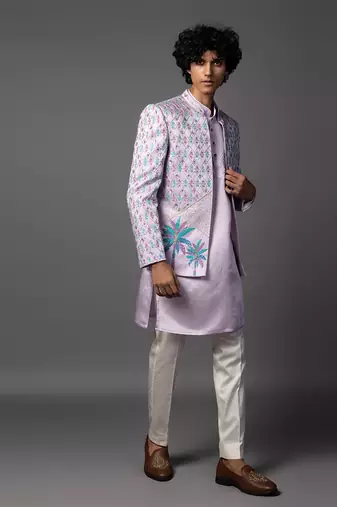 Lilac full set in linen satin kurta jacket set