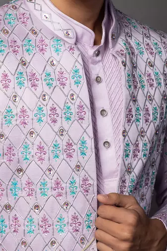 Lilac full set in linen satin kurta jacket set