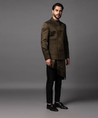 Olive green full set in linen satin kurta jacket set 1