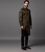 Olive green full set in linen satin kurta jacket set