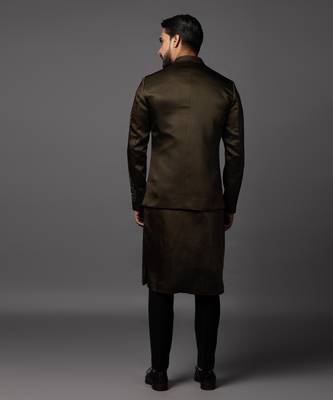 Olive green full set in linen satin kurta jacket set 2