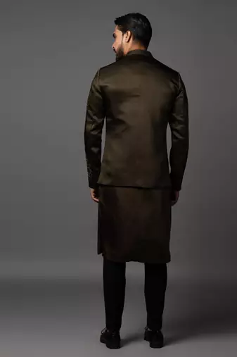 Olive green full set in linen satin kurta jacket set