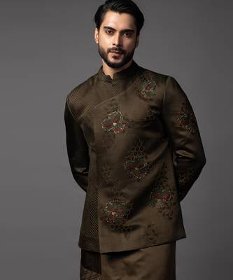 Olive green full set in linen satin kurta jacket set 3