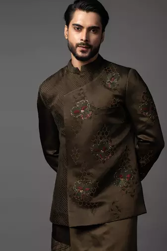 Olive green full set in linen satin kurta jacket set