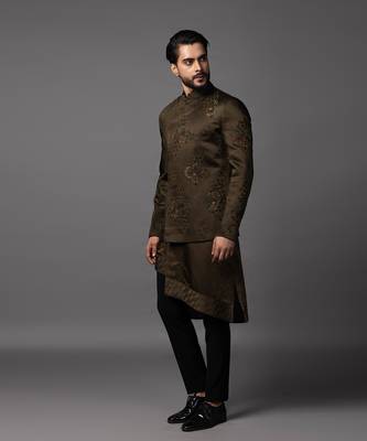 Olive green full set in linen satin kurta jacket set 4