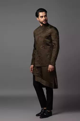 Olive green full set in linen satin kurta jacket set