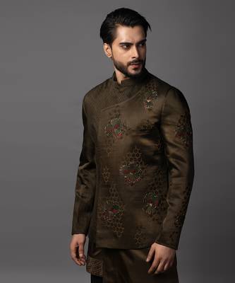 Olive green full set in linen satin kurta jacket set 5
