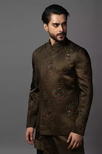 Olive green full set in linen satin kurta jacket set