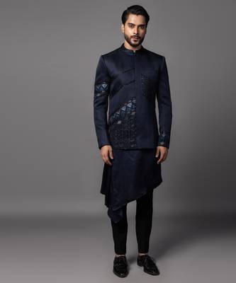 Navy blue full set in linen satin kurta jacket set 1