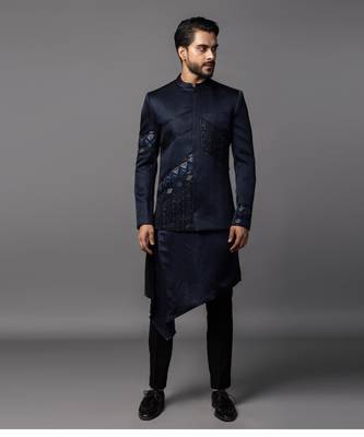 Navy blue full set in linen satin kurta jacket set 2
