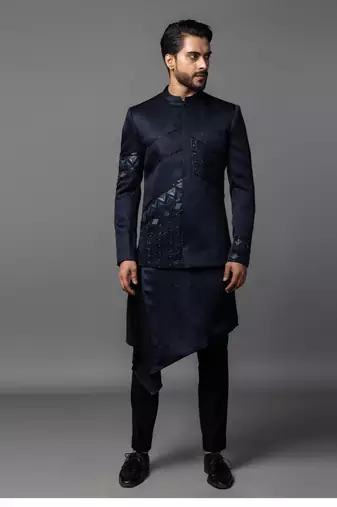Navy blue full set in linen satin kurta jacket set