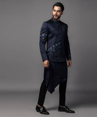 Navy blue full set in linen satin kurta jacket set 3