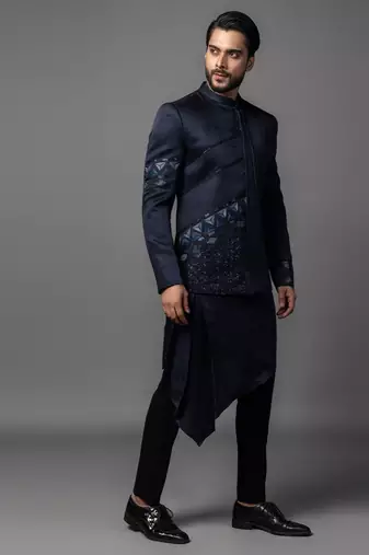 Navy blue full set in linen satin kurta jacket set