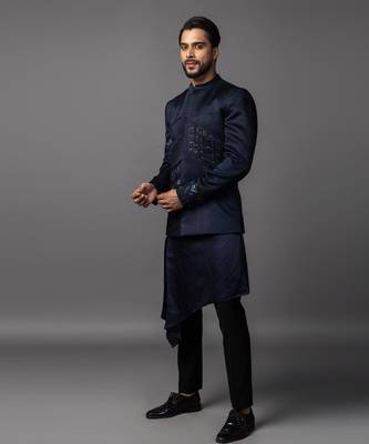 Navy blue full set in linen satin kurta jacket set 4