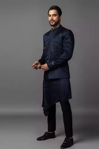 Navy blue full set in linen satin kurta jacket set