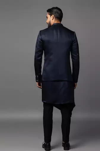 Navy blue full set in linen satin kurta jacket set