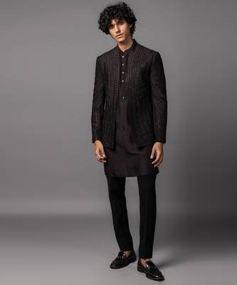 Brown full set in bam silk kurta jacket set 1