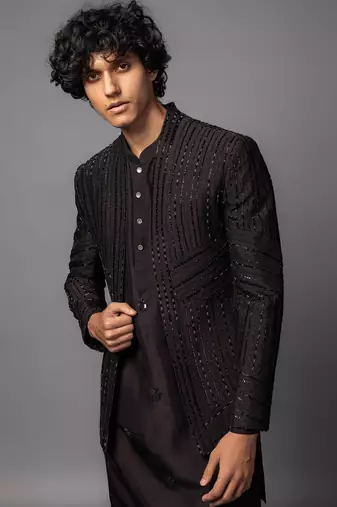 Brown full set in bam silk kurta jacket set