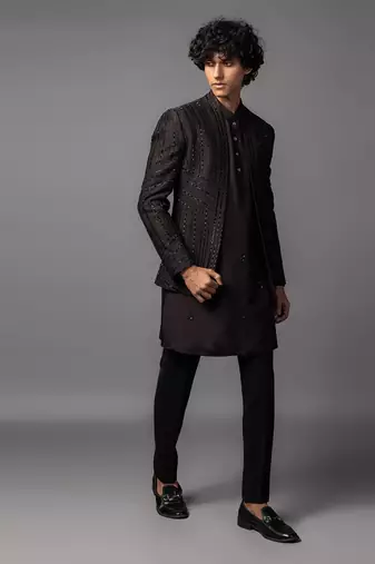 Brown full set in bam silk kurta jacket set