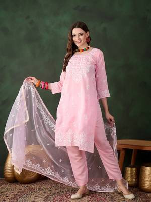Kurti heavy roman silk fabric with chicken kari style embroidery work 1