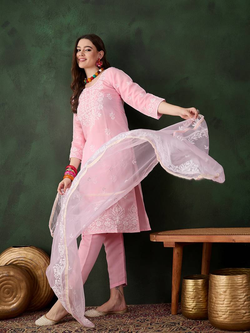 Kurti heavy roman silk fabric with chicken kari style embroidery work