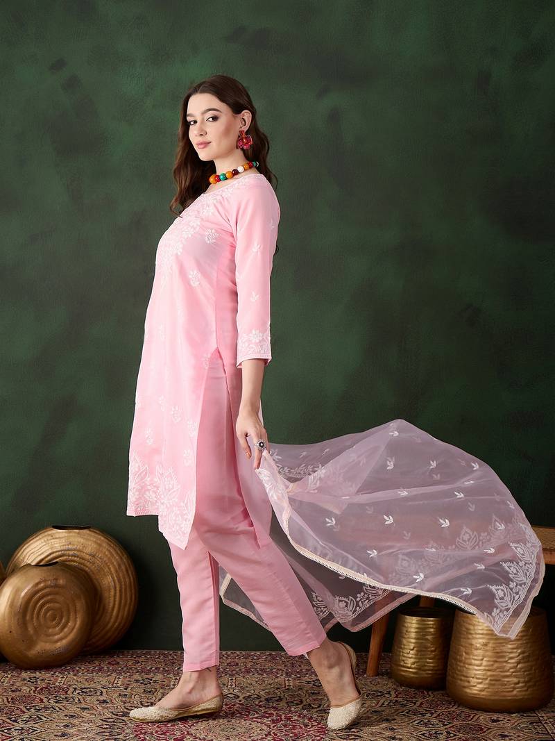 Kurti heavy roman silk fabric with chicken kari style embroidery work