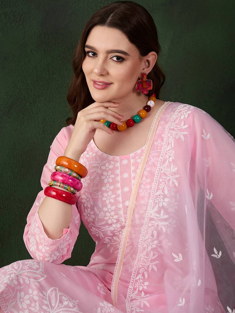 Kurti heavy roman silk fabric with chicken kari style embroidery work