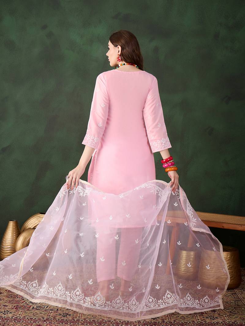 Kurti heavy roman silk fabric with chicken kari style embroidery work