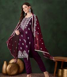 Purple Silk ChikanKari Embroidered Kurta Pant & Dupatta