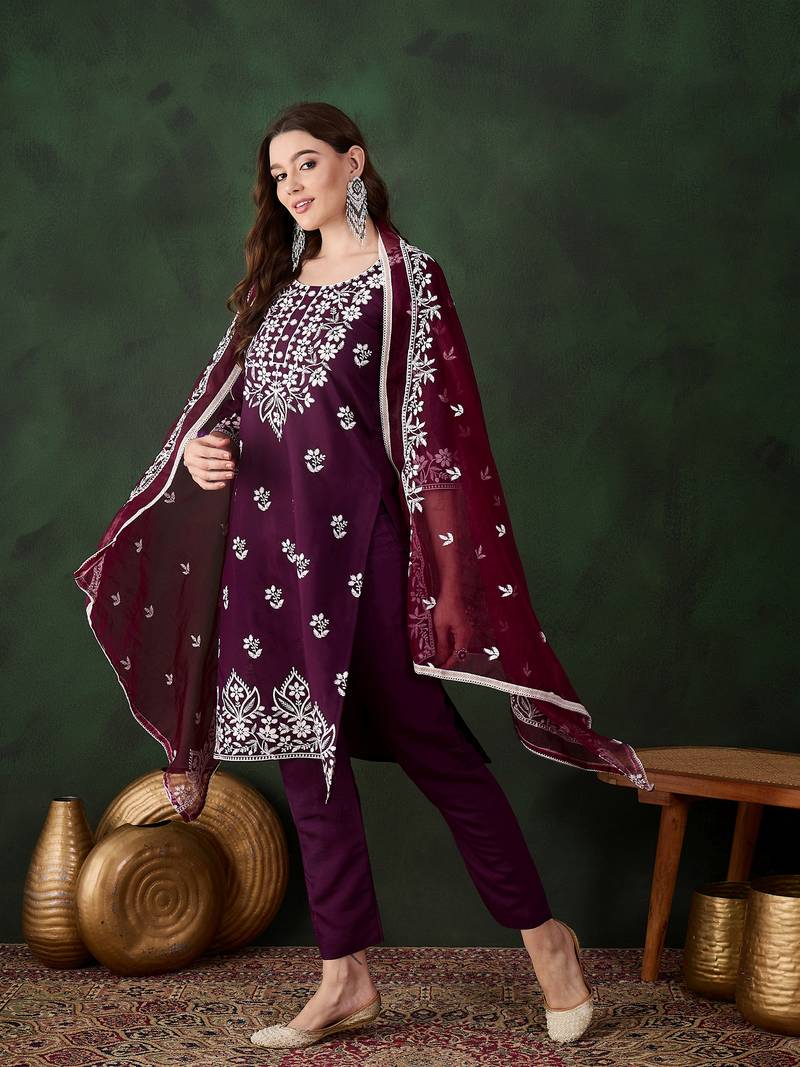 Purple Silk ChikanKari Embroidered Kurta Pant & Dupatta