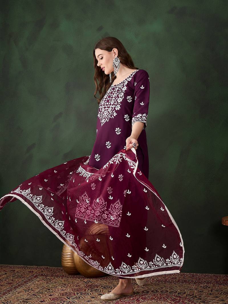 Purple Silk ChikanKari Embroidered Kurta Pant & Dupatta