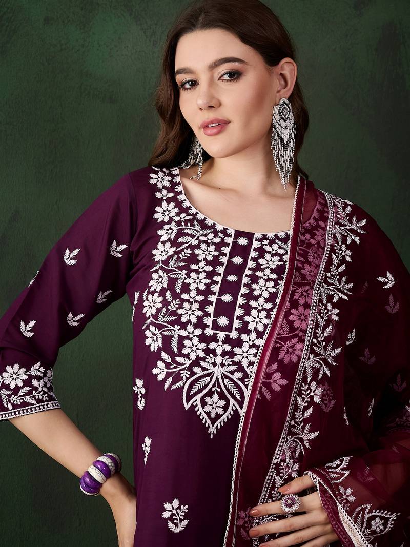 Purple Silk ChikanKari Embroidered Kurta Pant & Dupatta