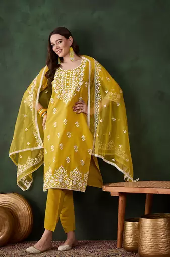Kurti heavy roman silk fabric with chicken kari style embroidery work