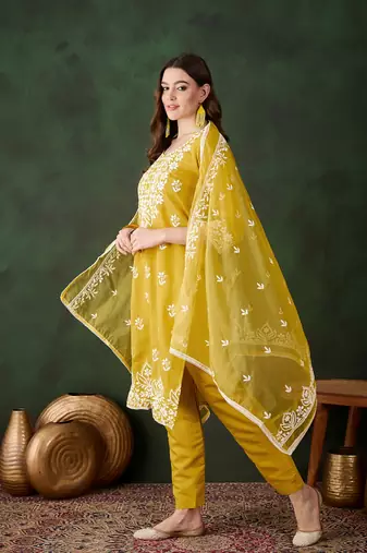 Kurti heavy roman silk fabric with chicken kari style embroidery work