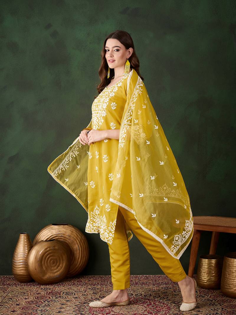 Kurti heavy roman silk fabric with chicken kari style embroidery work