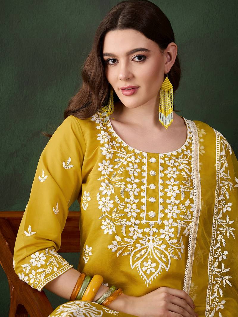 Kurti heavy roman silk fabric with chicken kari style embroidery work