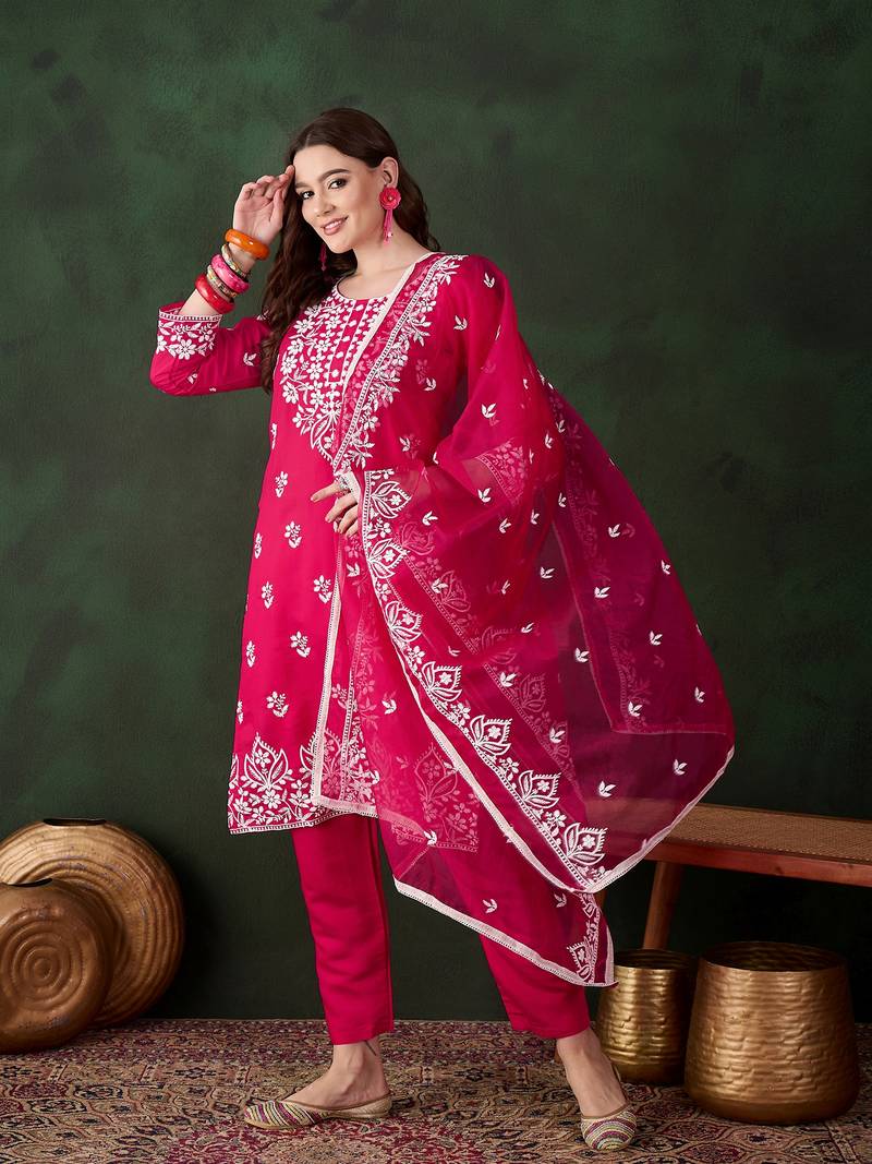 Kurti heavy roman silk fabric with chicken kari style embroidery work