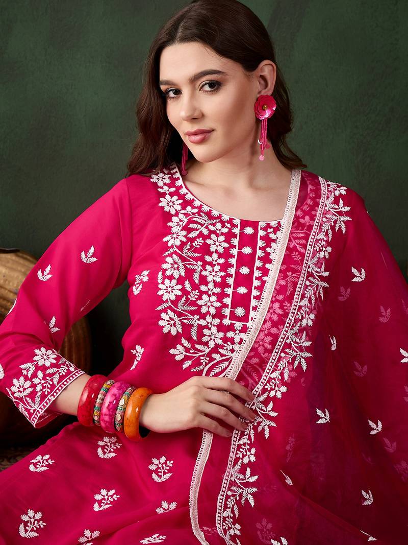 Kurti heavy roman silk fabric with chicken kari style embroidery work