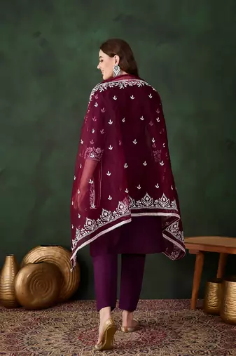 Purple Silk ChikanKari Embroidered Kurta Pant & Dupatta