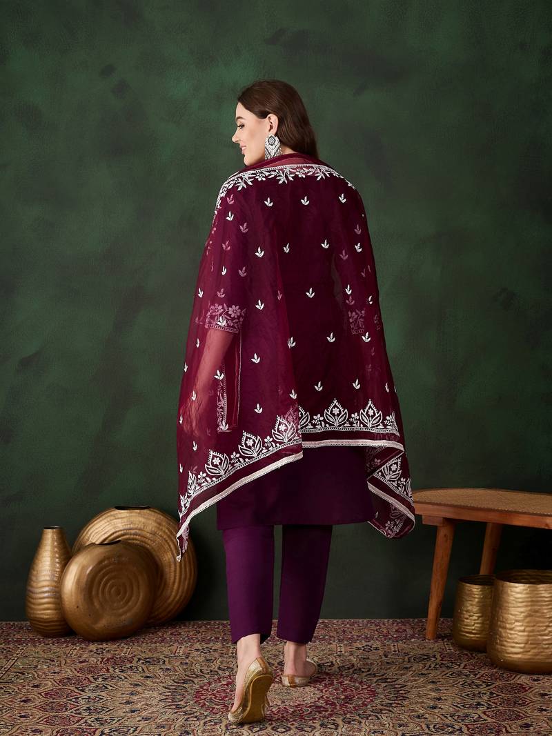 Purple Silk ChikanKari Embroidered Kurta Pant & Dupatta