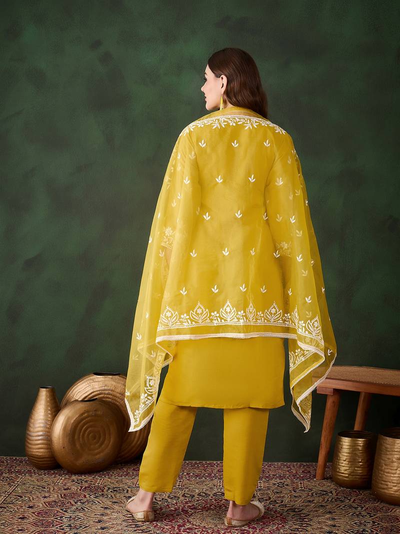 Kurti heavy roman silk fabric with chicken kari style embroidery work