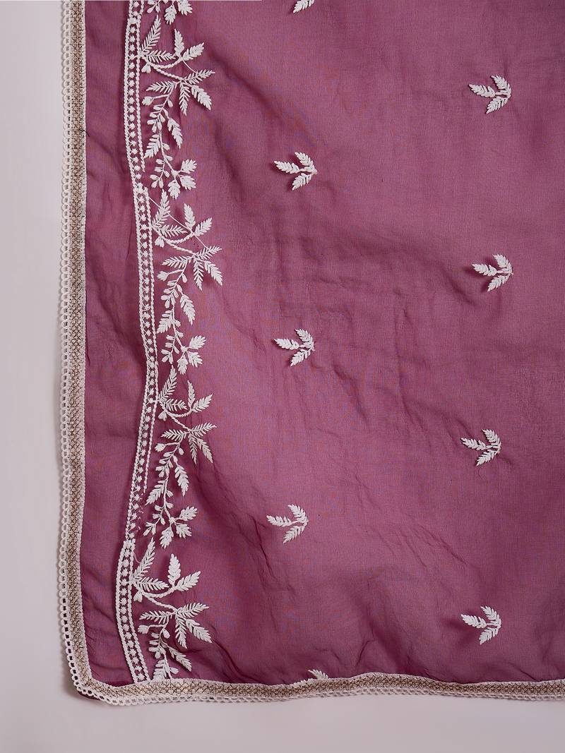 Purple Silk ChikanKari Embroidered Kurta Pant & Dupatta