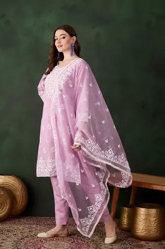 Kurti heavy roman silk fabric with chicken kari style embroidery work