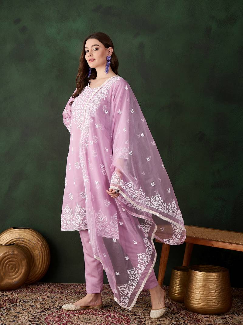 Kurti heavy roman silk fabric with chicken kari style embroidery work