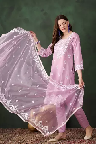 Kurti heavy roman silk fabric with chicken kari style embroidery work