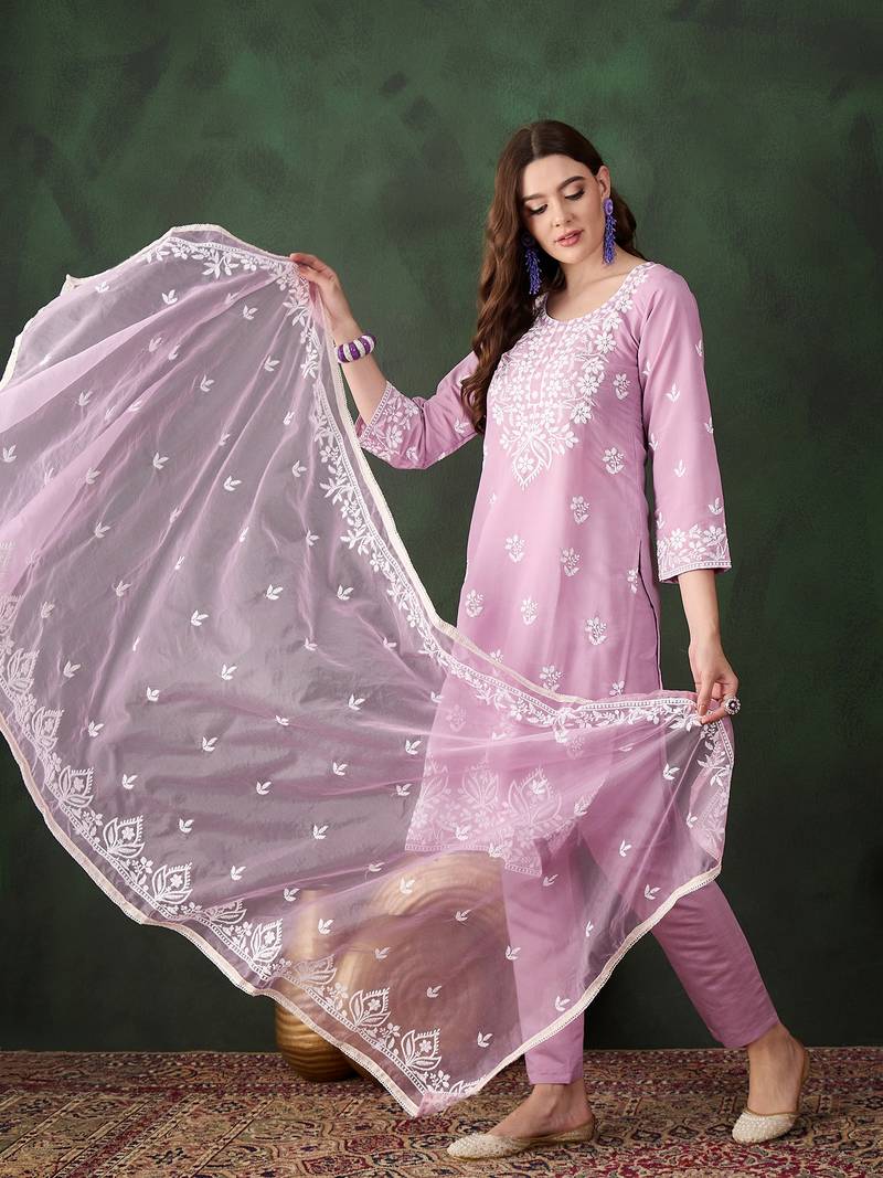 Kurti heavy roman silk fabric with chicken kari style embroidery work