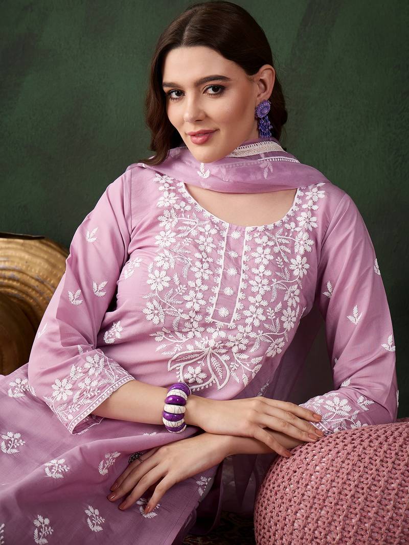 Kurti heavy roman silk fabric with chicken kari style embroidery work