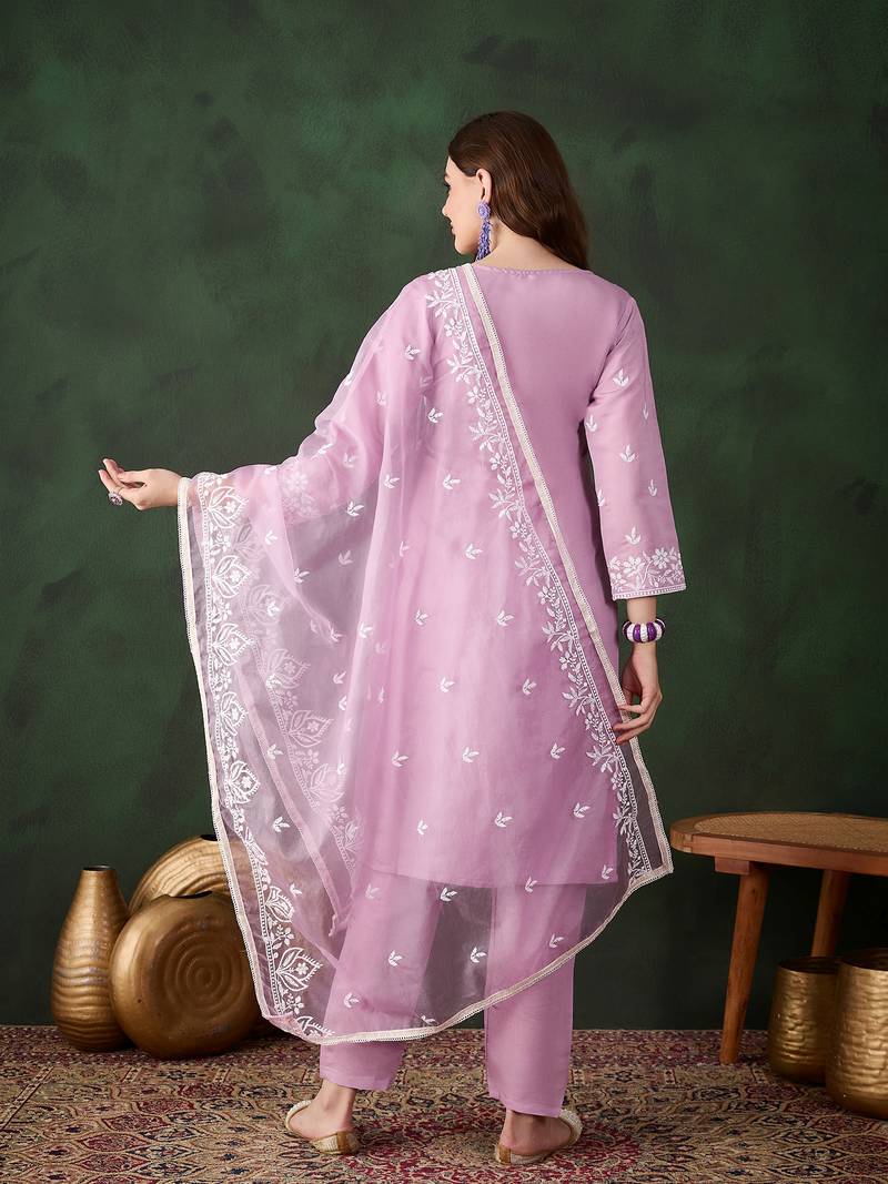 Kurti heavy roman silk fabric with chicken kari style embroidery work