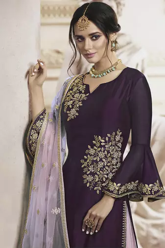Wine rangoli georgette semi stitched wedding sharara suit
