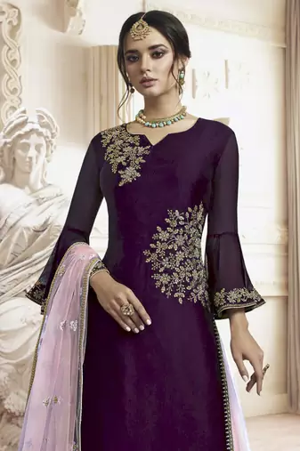 Wine rangoli georgette semi stitched wedding sharara suit